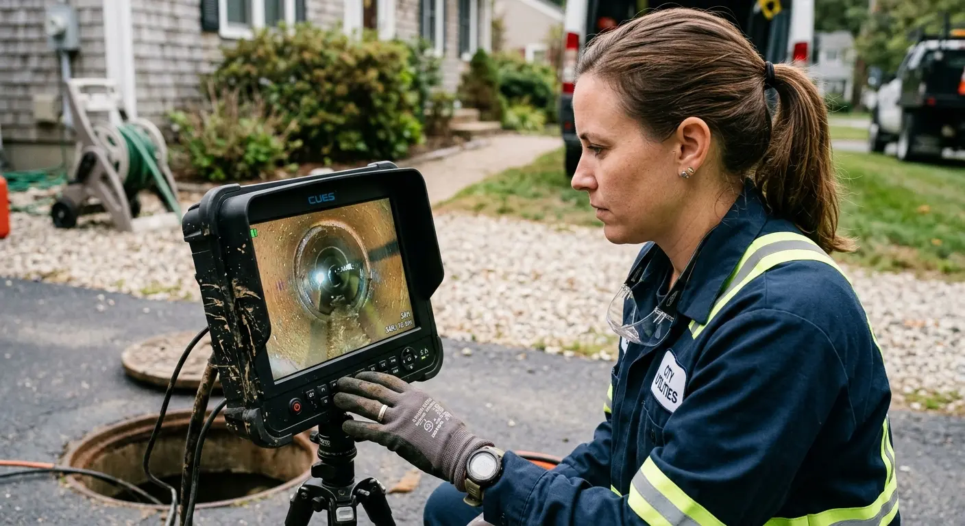 Technician reviewing sewer camera inspection footage in Forest Park