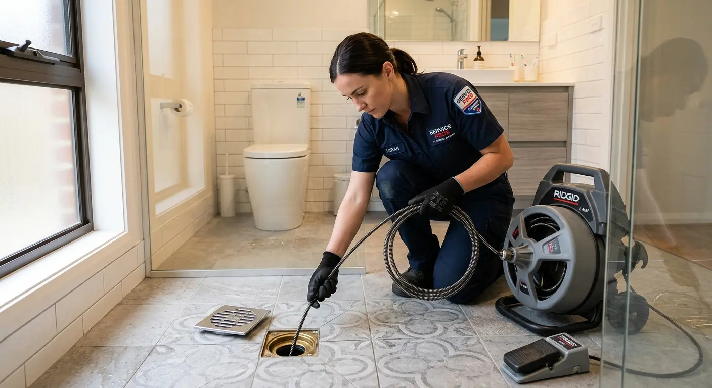 Technician clearing a bathroom floor drain for Drain Cleaning in Forest Park